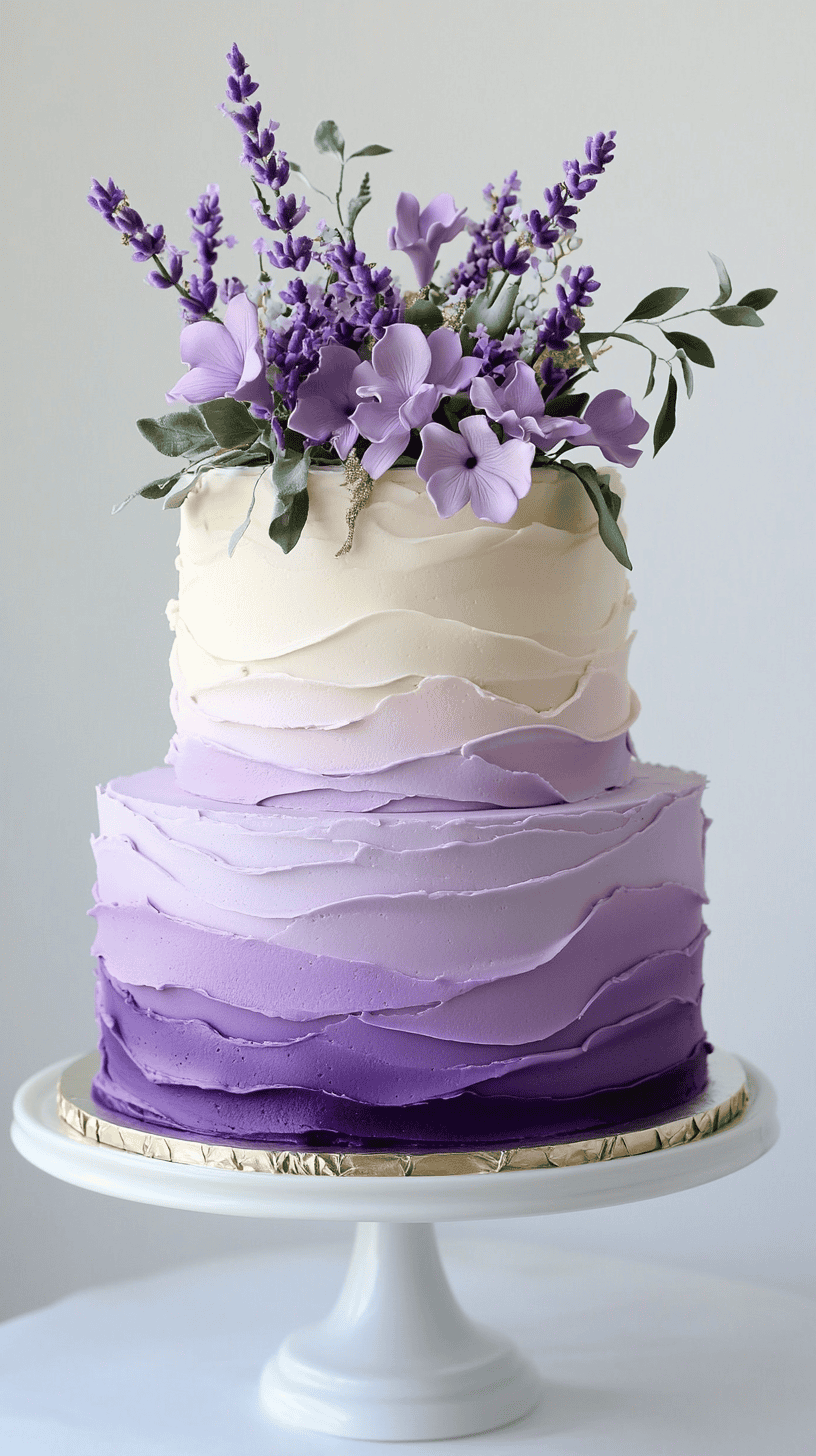 A visually stunning and elegant lavender ombre cake. The design should feature a seamless gradient transition, starting with a deep, rich purple at the base and fading gracefully into a soft lavender hue at the top.