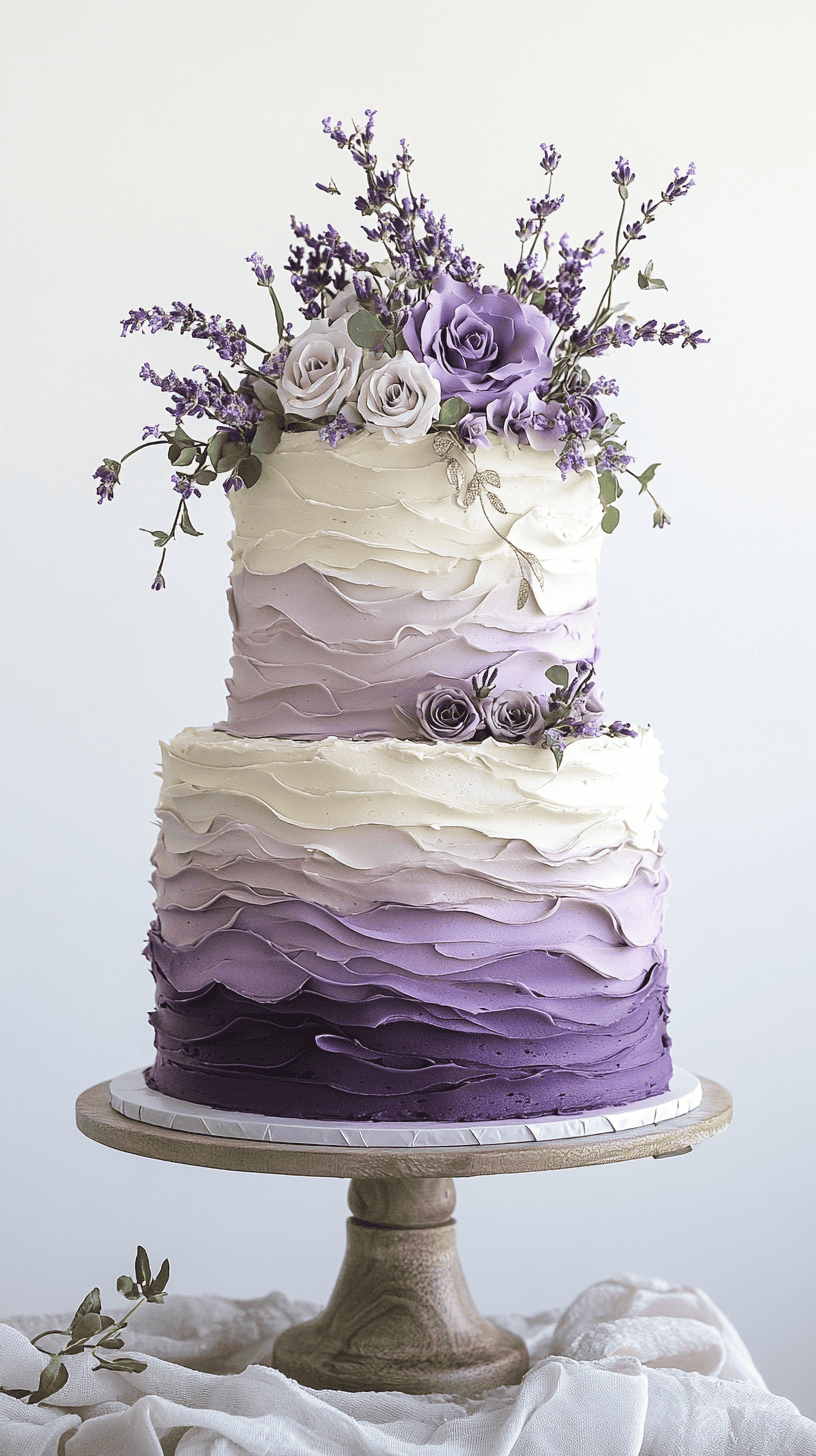A visually stunning and elegant lavender ombre cake. The design should feature a seamless gradient transition, starting with a deep, rich purple at the base and fading gracefully into a soft lavender hue at the top.