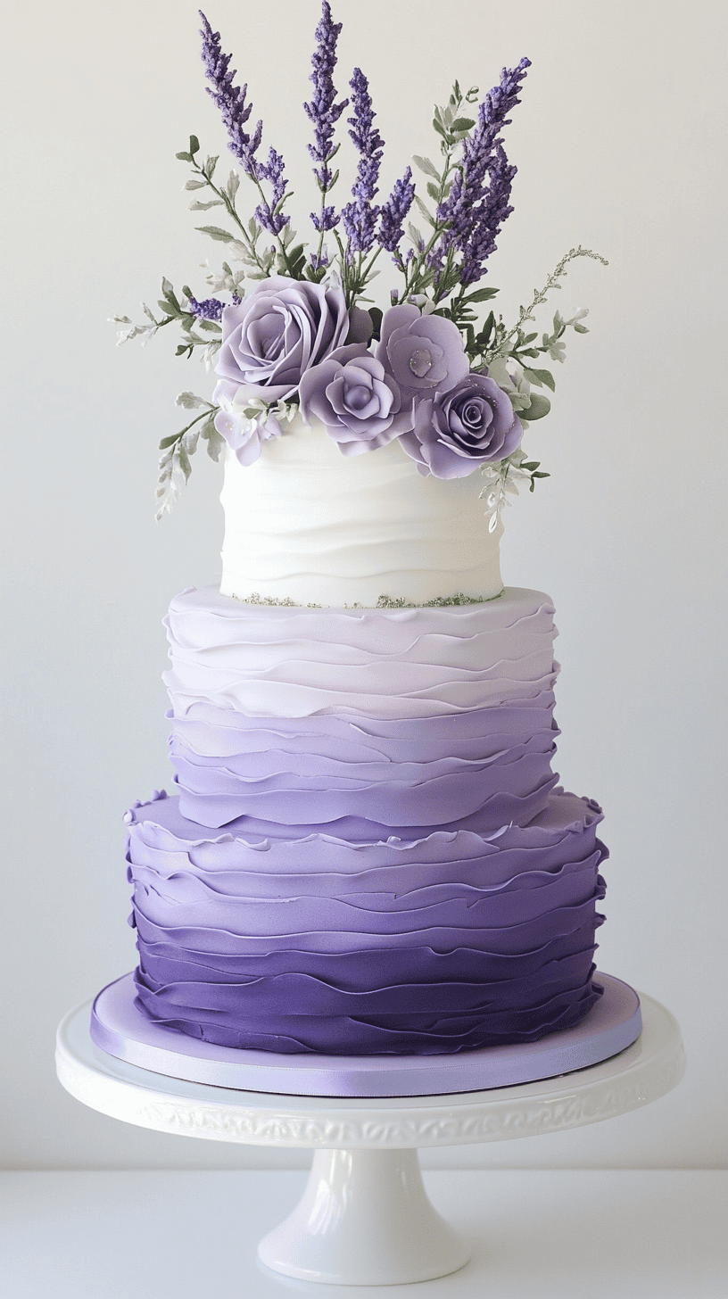 A visually stunning and elegant lavender ombre cake. The design should feature a seamless gradient transition, starting with a deep, rich purple at the base and fading gracefully into a soft lavender hue at the top.
