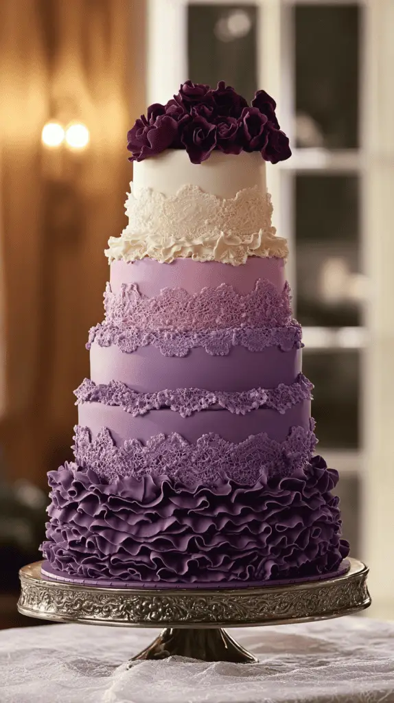 An elegant wedding cake featuring intricate purple lace and textured fondant details, perfect for vintage-inspired celebrations. The cake should incorporate soft lavender to deep purple hues, enhancing the romantic and sophisticated aesthetic.