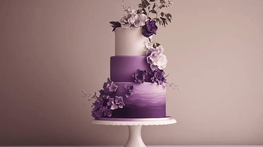A modern wedding cake that harmonizes the timeless elegance of purple with contemporary trends, perfect for couples seeking a blend of tradition and innovation.