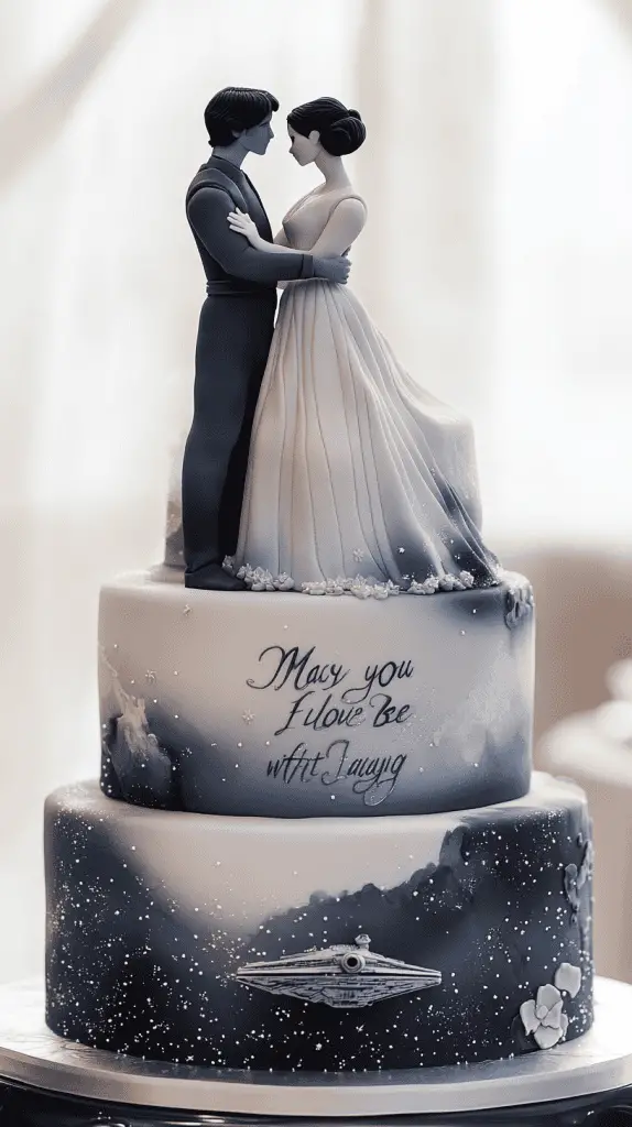 A romantic Star Wars-themed wedding cake celebrating the love story of han Solo and Princess Leia. The cake features elegant layers adorned with their iconic quotes,'I love you,' and 'I know,' written in flowing icing script.