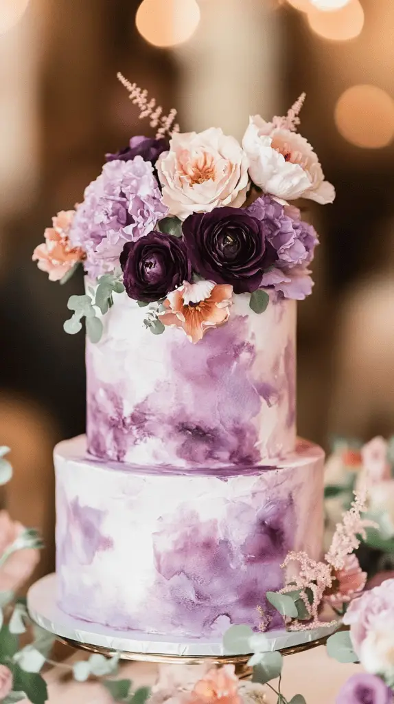 A romantic watercolor purple wedding cake that blends artistry and elegance, perfect for a dreamy celebration. The cake should feature soft, fluid brushstrokes in varying shades of purple, from deep plum to pastel lavender, creating an impressionistic and ethereal effect.