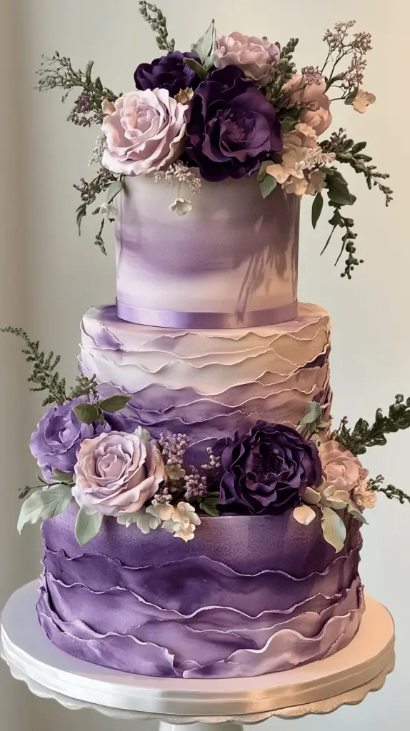 A romantic watercolor purple wedding cake that blends artistry and elegance, perfect for a dreamy celebration. The cake should feature soft, fluid brushstrokes in varying shades of purple, from deep plum to pastel lavender, creating an impressionistic and ethereal effect.