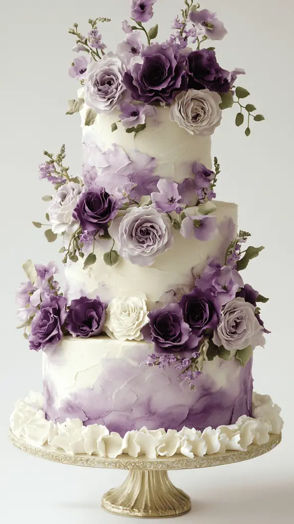 A romantic watercolor purple wedding cake that blends artistry and elegance, perfect for a dreamy celebration. The cake should feature soft, fluid brushstrokes in varying shades of purple, from deep plum to pastel lavender, creating an impressionistic and ethereal effect.