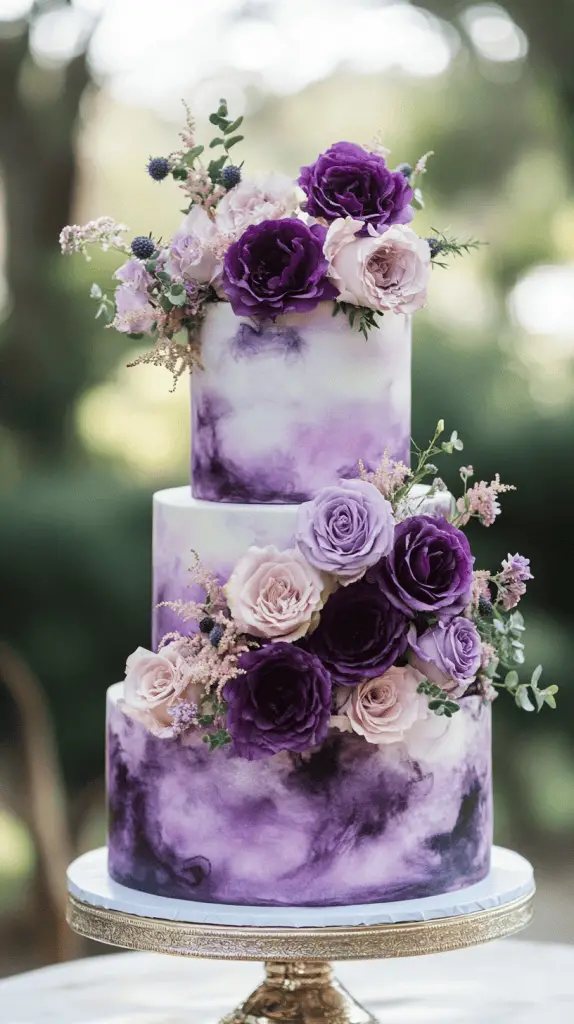 A romantic watercolor purple wedding cake that blends artistry and elegance, perfect for a dreamy celebration. The cake should feature soft, fluid brushstrokes in varying shades of purple, from deep plum to pastel lavender, creating an impressionistic and ethereal effect.