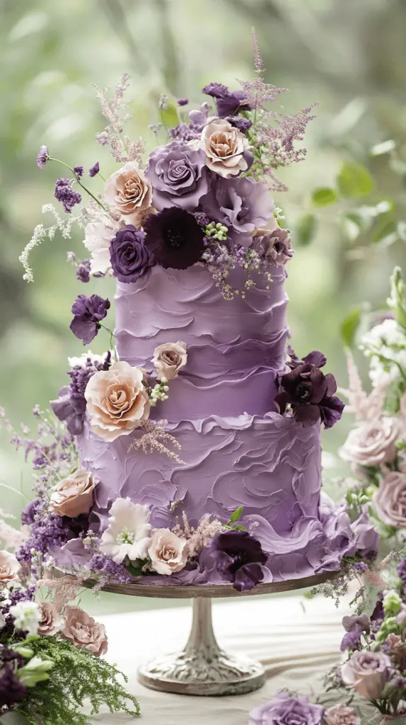 A romantic watercolor purple wedding cake that blends artistry and elegance, perfect for a dreamy celebration. The cake should feature soft, fluid brushstrokes in varying shades of purple, from deep plum to pastel lavender, creating an impressionistic and ethereal effect.