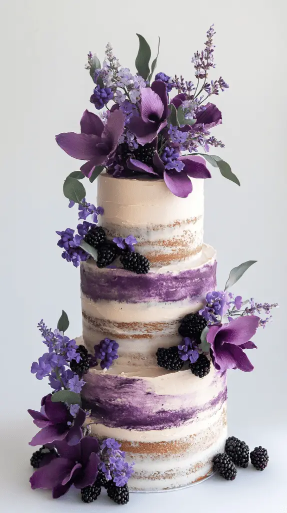 A rustic and elegant naked wedding cake with a minimalist charm, enhanced by purple accents.The cake should feature natural, exposed layers of cake and frosting, creating a simple yet refined base.
