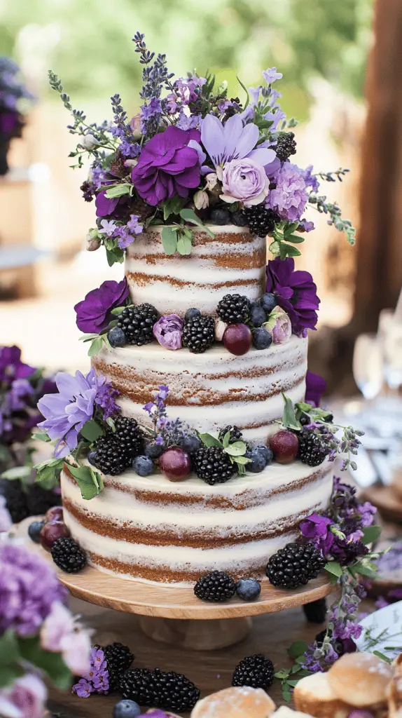 A rustic and elegant naked wedding cake with a minimalist charm, enhanced by purple accents. The cake should feature natural, exposed layers of cake and frosting, creating a simple yet refined base.