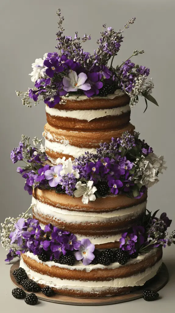 A rustic and elegant naked wedding cake with a minimalist charm,enhanced by purple accents. The cake should feature natural, exposed layers of cake and frosting, creating a simple yet refined base.