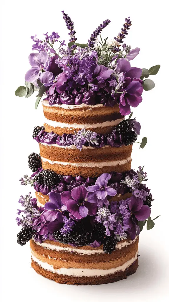 A rustic and elegant naked wedding cake with a minimalist charm, enhanced by purple accents. The cake should feature natural, exposed layers of cake and frosting, creating a simple yet refined base.