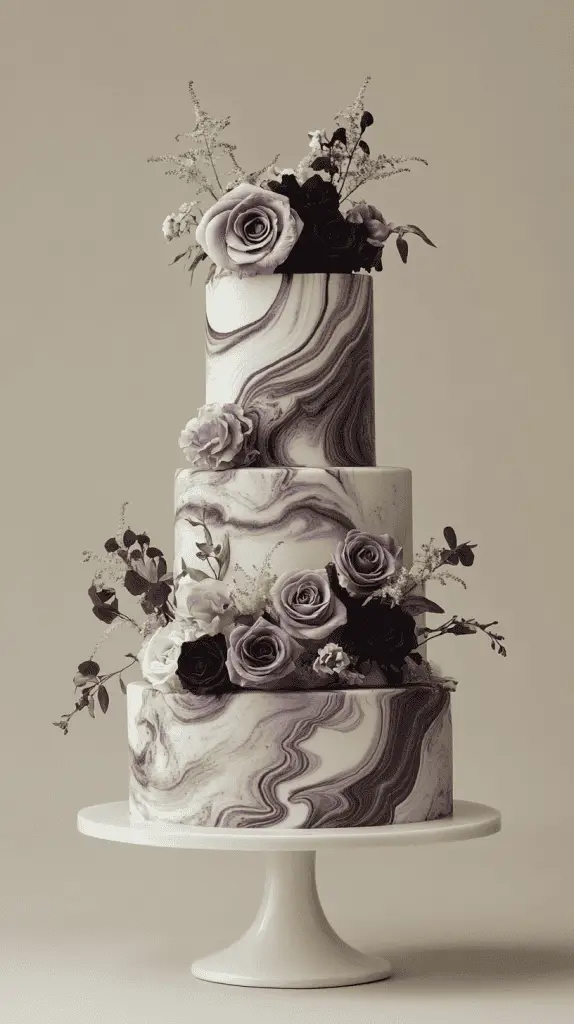 A sophisticated marble-effect wedding cake with swirls of varying purple shades, from soft lilac to rich plum and deep lavender, seamlessly blended to mimic the natural elegance of stone. The cake should exude a contemporary aesthetic while maintaining a timeless charm.