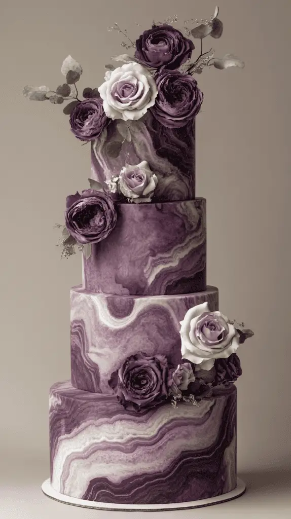 A sophisticated marble-effect wedding cake with swirls of varying purple shades, from soft lilac to rich plum and deep lavender, seamlessly blended to mimic the natural elegance of stone. The cake should exude a contemporary aesthetic while maintaining a timeless charm.