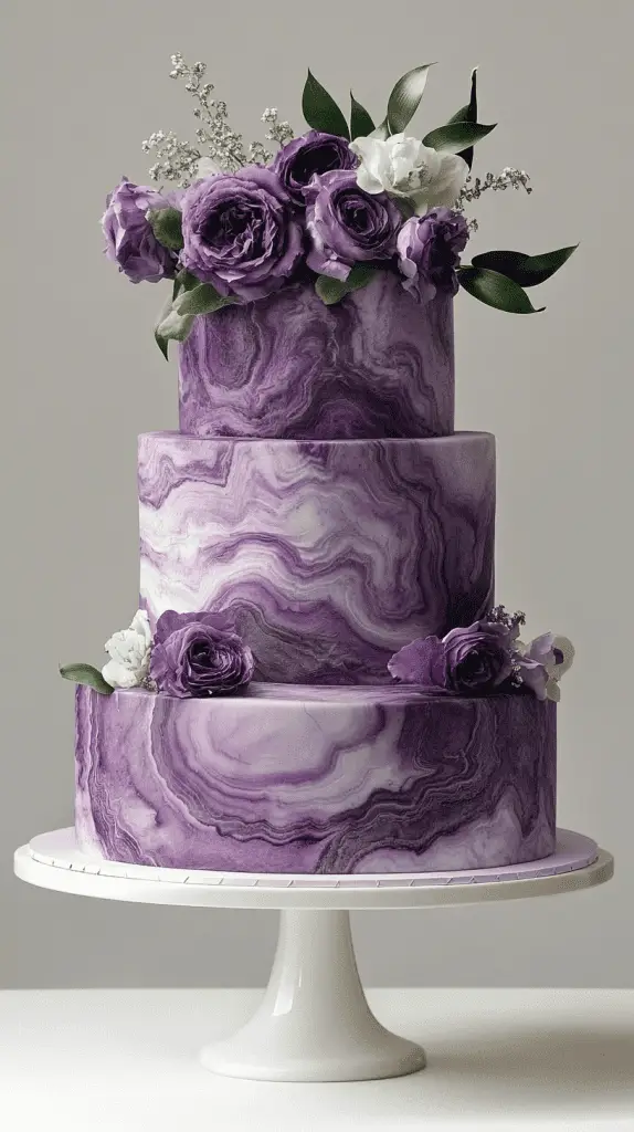 A sophisticated marble-effect wedding cake with swirls of varying purple shades, from soft lilac to rich plum and deep lavender, seamlessly blended to mimic the natural elegance of stone. The cake should exude a contemporary aesthetic while maintaining a timeless charm.
