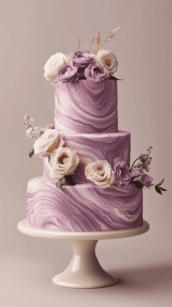 A sophisticated marble-effect wedding cake with swirls of varying purple shades, from soft lilac to rich plum and deep lavender, seamlessly blended to mimic the natural elegance of stone. The cake should exude a contemporary aesthetic while maintaining a timeless charm.