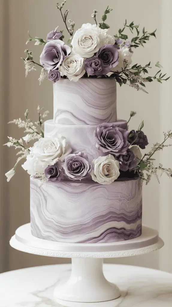 A sophisticated marble-effect wedding cake with swirls of varying purple shades, from soft lilac to rich plum and deep lavender, seamlessly blended to mimic the natural elegance of stone. The cake should exude a contemporary aesthetic while maintaining a timeless charm.