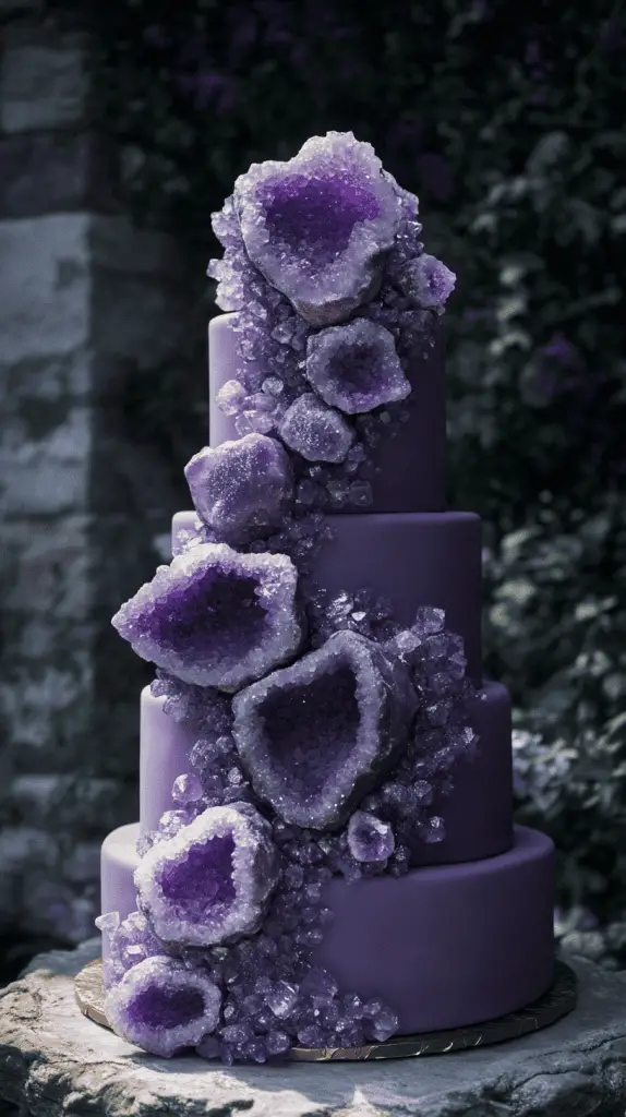 A striking geode-inspired wedding cake with amethyst accents, perfect for couples seeking an elegant and unforgettable centerpiece. The cake should feature tiers covered in smooth purple fondant, ranging from deep purple to lavender, with shimmering edible sugar crystals arranged to mimic natural geode clusters.