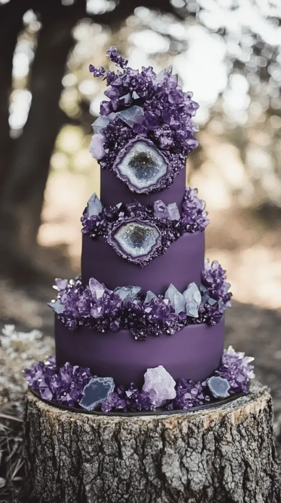 A striking geode-inspired wedding cake with amethyst accents,perfect for couples seeking an elegant and unforgettable centerpiece.The cake should feature tiers covered in smooth purple fondant,ranging from deep purple to lavender,with shimmering edible sugar crystals arranged to mimic natural geode clusters.