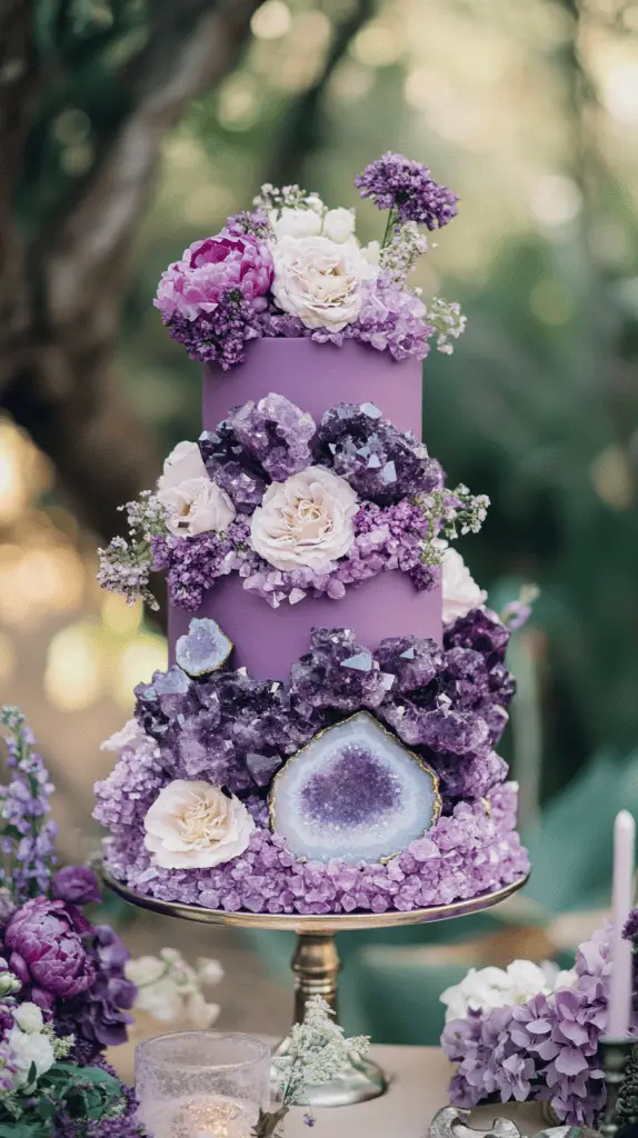 A striking geode-inspired wedding cake with amethyst accents, perfect for couples seeking an elegant and unforgettable centerpiece. The cake should feature tiers covered in smooth purple fondant, ranging from deep purple to lavender, with shimmering edible sugar crystals arranged to mimic natural geode clusters.