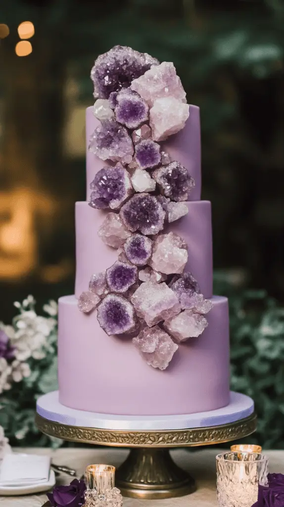 A striking geode-inspired wedding cake with amethyst accents, perfect for couples seeking an elegant and unforgettable centerpiece. The cake should feature tiers covered in smooth purple fondant, ranging from deep purple to lavender, with shimmering edible sugar crystals arranged to mimic natural geode clusters.
