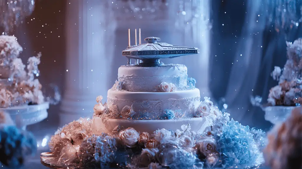 A stunning Star Wars-themed wedding cake displayed in an elegant wedding setting. The cake features three tiers, each adorned with galactic-inspired elements.