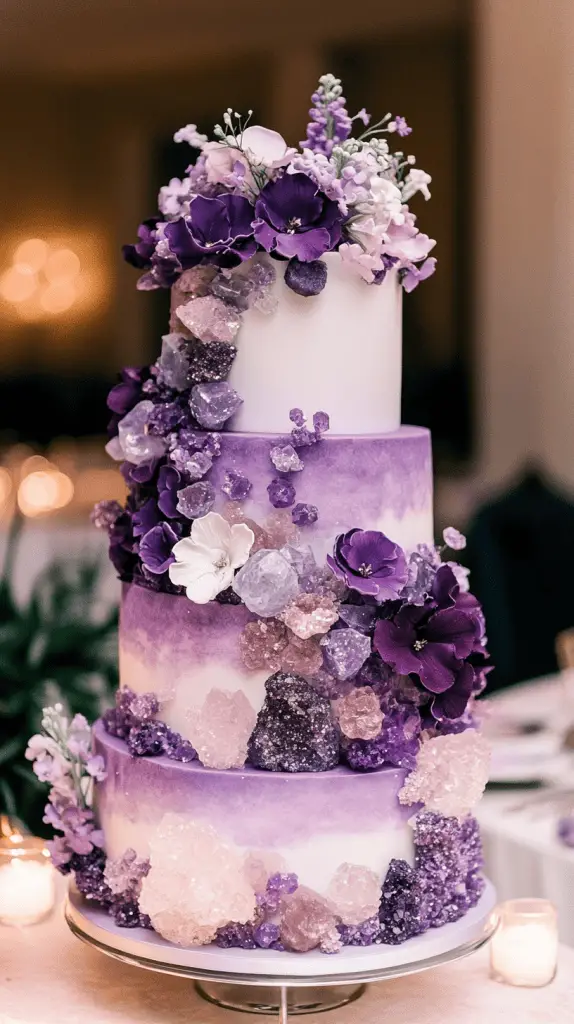 A striking geode-inspired wedding cake with amethyst accents,perfect for couples seeking an elegant and unforgettable centerpiece. The cake should feature tiers covered in smooth purple fondant, ranging from deep purple to lavender, with shimmering edible sugar crystals arranged to mimic natural geode clusters.