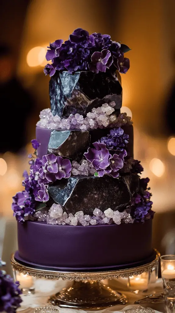 A striking geode-inspired wedding cake with amethyst accents, perfect for couples seeking an elegant and unforgettable centerpiece. The cake should feature tiers covered in smooth purple fondant, ranging from deep purple to lavender, with shimmering edible sugar crystals arranged to mimic natural geode clusters.