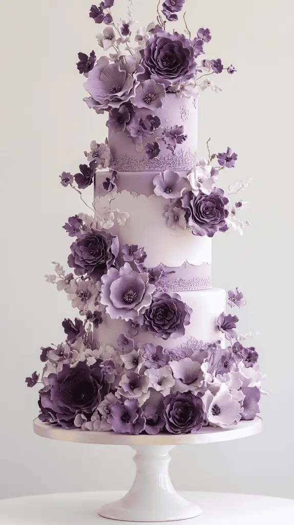 A vintage-inspired wedding cake featuring elegant purple sugar flowers in shades of lavender, lilac, and deep purple. The cake should showcase a tiered structure with intricate piping, fondant accents, and vintage lace patterns for a timeless aesthetic.