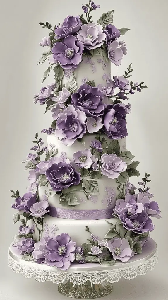 A vintage-inspired wedding cake featuring elegant purple sugar flowers in shades of lavender, lilac, and deep purple.The cake should showcase a tiered structure with intricate piping,fondant accents,and vintage lace patterns for a timeless aesthetic.