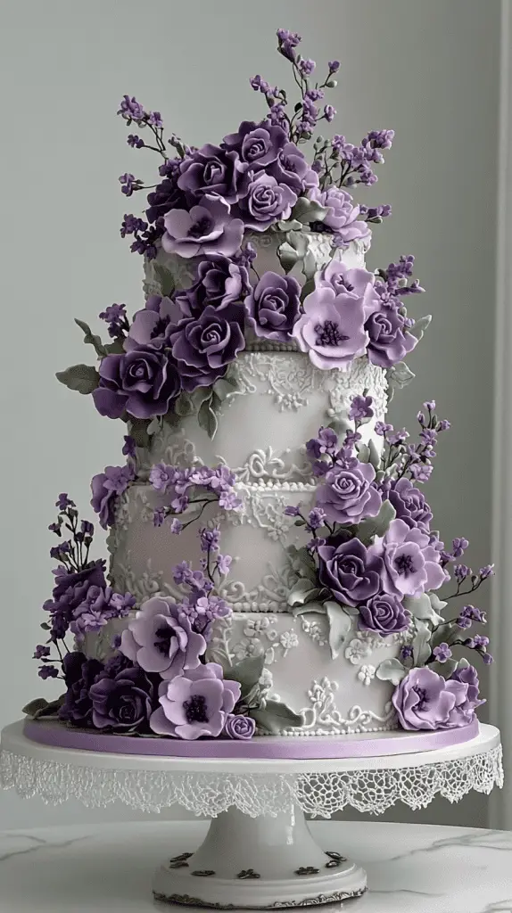 A vintage-inspired wedding cake featuring elegant purple sugar flowers in shades of lavender,lilac,and deep purple. The cake should showcase a tiered structure with intricate piping, fondant accents, and vintage lace patterns for a timeless aesthetic.