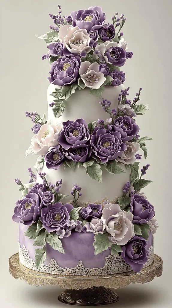 A vintage-inspired wedding cake featuring elegant purple sugar flowers in shades of lavender, lilac, and deep purple. The cake should showcase a tiered structure with intricate piping,fondant accents,and vintage lace patterns for a timeless aesthetic.