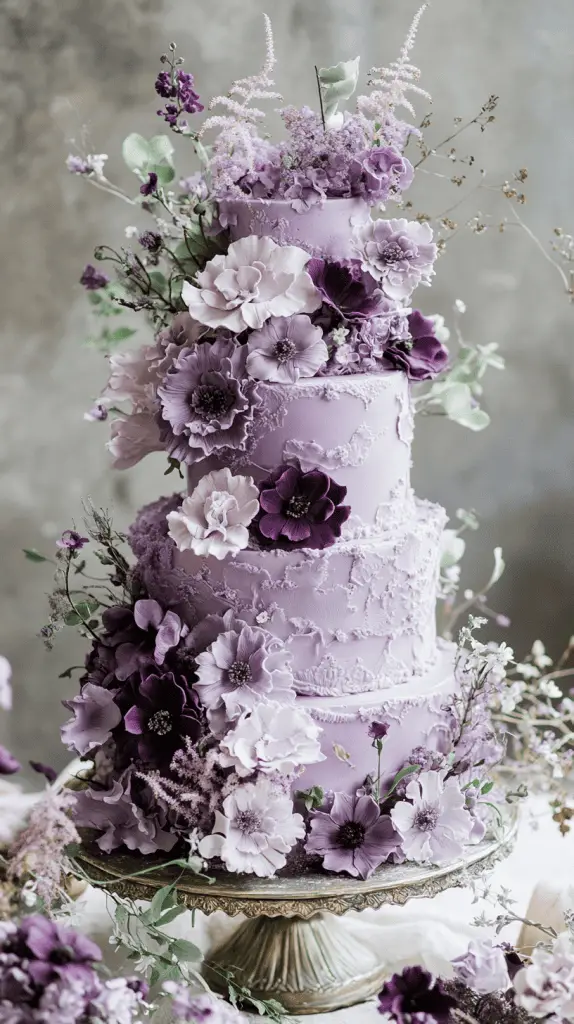 A vintage-inspired wedding cake featuring elegant purple sugar flowers in shades of lavender, lilac, and deep purple. The cake should showcase a tiered structure with intricate piping, fondant accents, and vintage lace patterns for a timeless aesthetic.