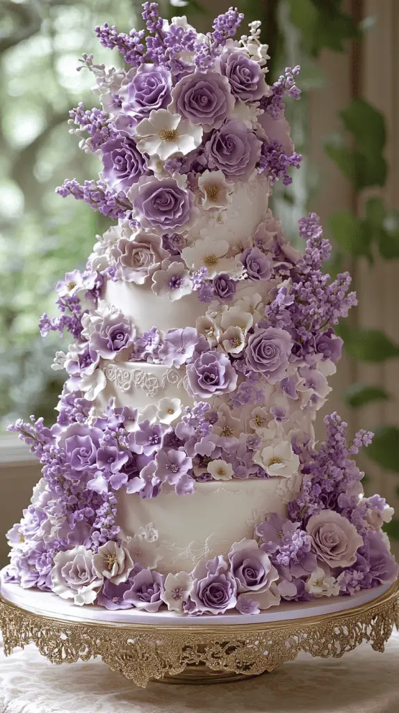 A vintage-inspired wedding cake featuring elegant purple sugar flowers in shades of lavender, lilac, and deep purple. The cake should showcase a tiered structure with intricate piping, fondant accents, and vintage lace patterns for a timeless aesthetic.