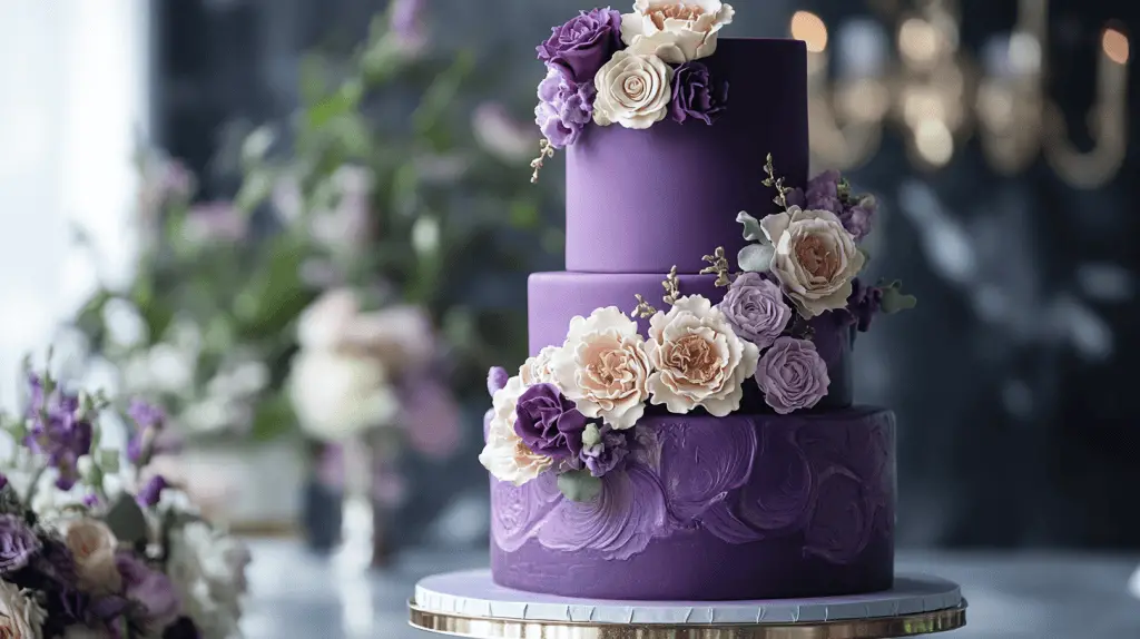 A wedding cake that embodies the rich symbolism and timeless elegance of purple, drawing inspiration from its historical ties to royalty, luxury, and spirituality.
