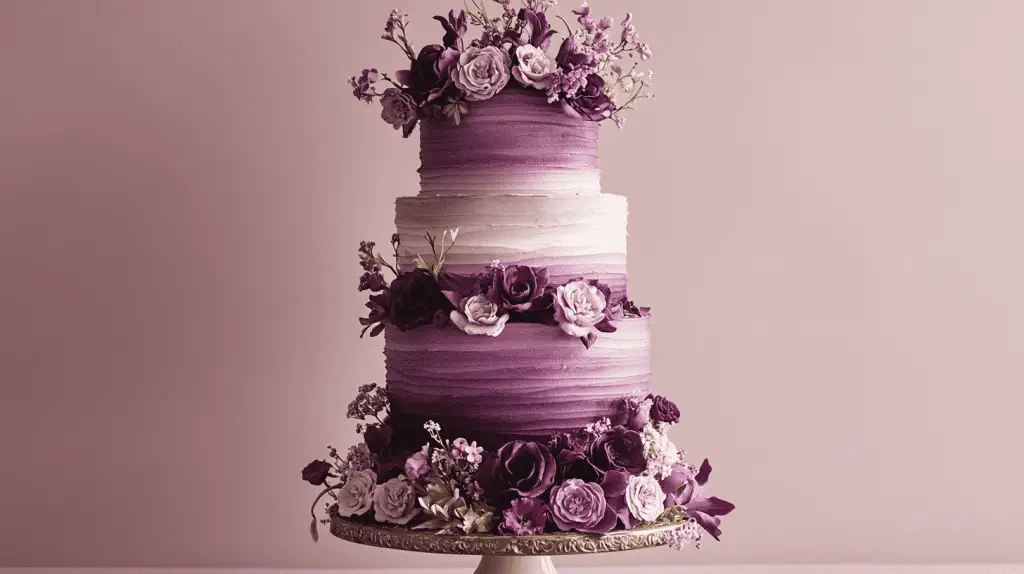 A wedding cake that showcases the versatility and beauty of purple hues, seamlessly blending lavender, lilac, and deep plum into a harmonious masterpiece.