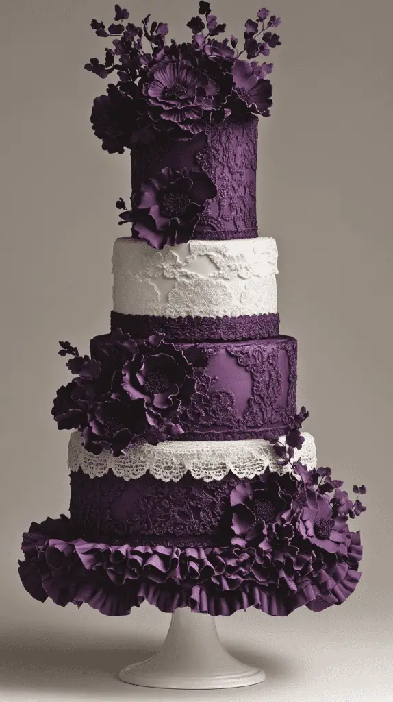 An elegant wedding cake featuring intricate purple lace and textured fondant details, perfect for vintage-inspired celebrations. The cake should incorporate soft lavender to deep purple hues, enhancing the romantic and sophisticated aesthetic.