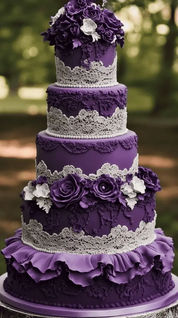 An elegant wedding cake featuring intricate purple lace and textured fondant details, perfect for vintage-inspired celebrations. the cake should incorporate soft lavender to deep purple hues, enhancing the romantic and sophisticated aesthetic.