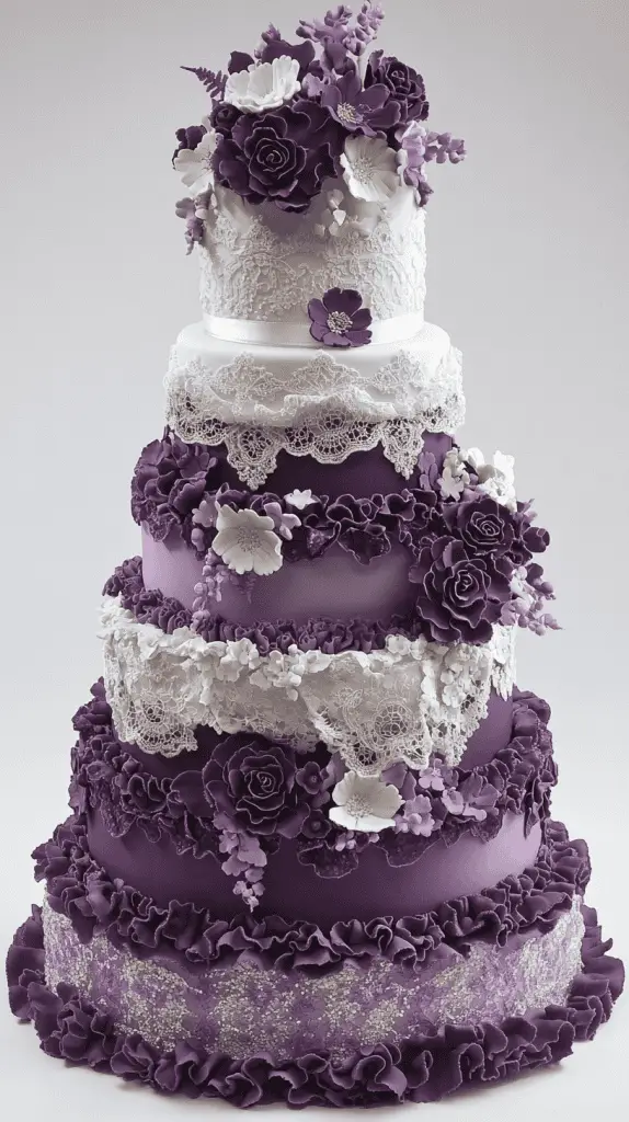 An elegant wedding cake featuring intricate purple lace and textured fondant details, perfect for vintage-inspired celebrations. The cake should incorporate soft lavender to deep purple hues, enhancing the romantic and sophisticated aesthetic.