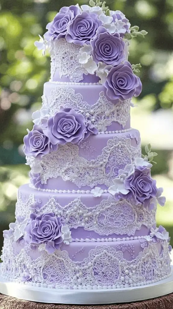 An elegant wedding cake featuring intricate purple lace and textured fondant details, perfect for vintage-inspired celebrations. The cake should incorporate soft lavender to deep purple hues,enhancing the romantic and sophisticated aesthetic.