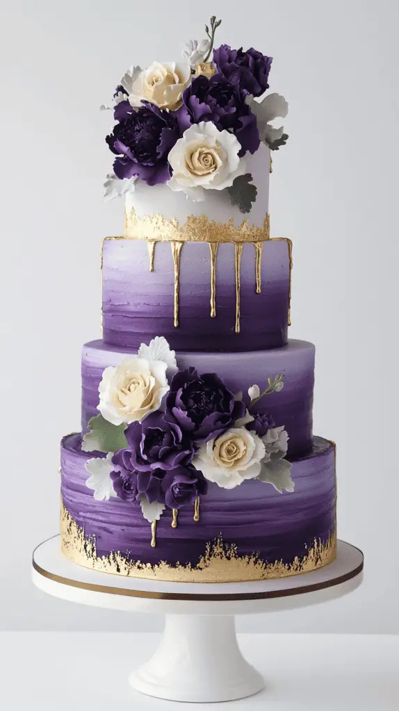 An opulent purple wedding cake adorned with luxurious gold accents for an elegant and captivating centerpiece. The cake should feature a gradient of purple hues, from soft lavender to deep plum, creating depth and richness.