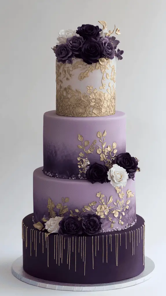 An opulent purple wedding cake adorned with luxurious gold accents for an elegant and captivating centerpiece. The cake should feature a gradient of purple hues, from soft lavender to deep plum, creating depth and richness.