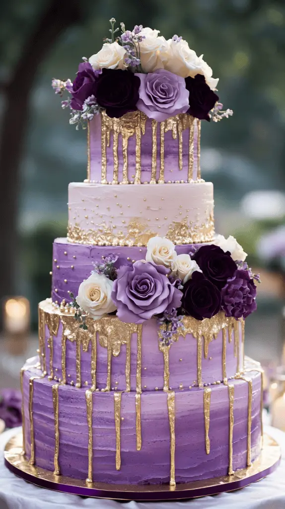 An opulent purple wedding cake adorned with luxurious gold accents for an elegant and captivating centerpiece. The cake should feature a gradient of purple hues, from soft lavender to deep plum, creating depth and richness.