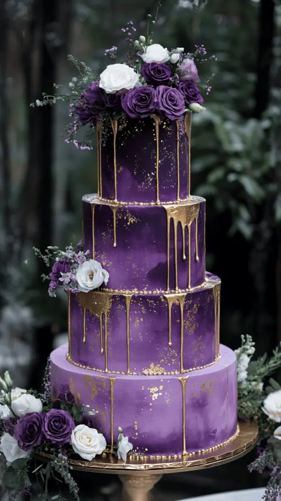An opulent purple wedding cake adorned with luxurious gold accents for an elegant and captivating centerpiece. The cake should feature a gradient of purple hues, from soft lavender to deep plum, creating depth and richness.