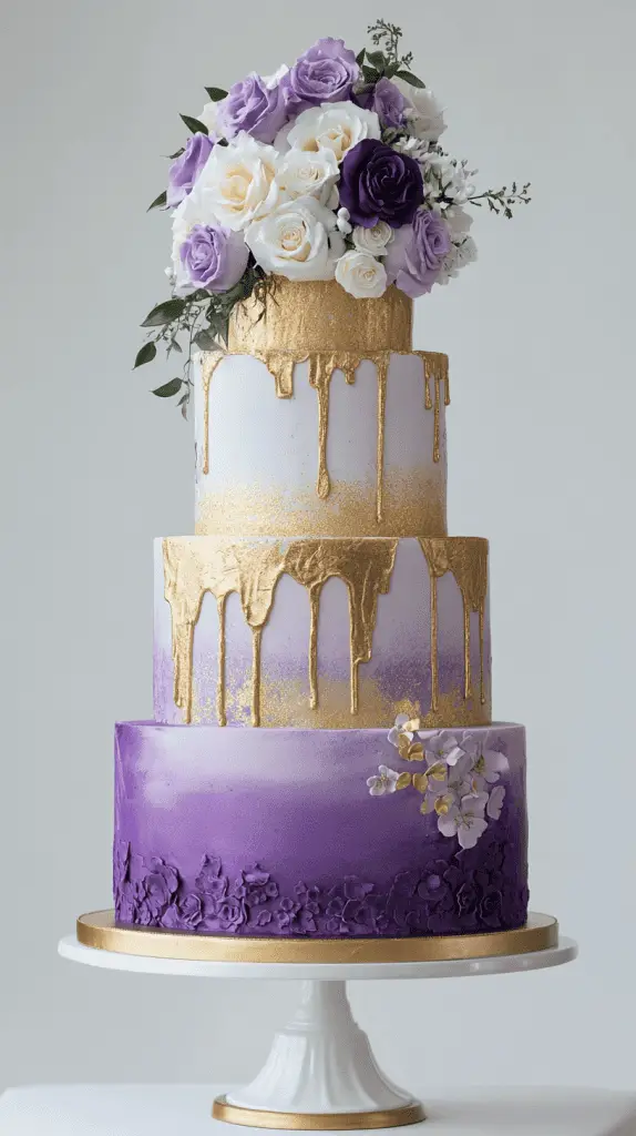An opulent purple wedding cake adorned with luxurious gold accents for an elegant and captivating centerpiece. The cake should feature a gradient of purple hues, from soft lavender to deep plum, creating depth and richness.