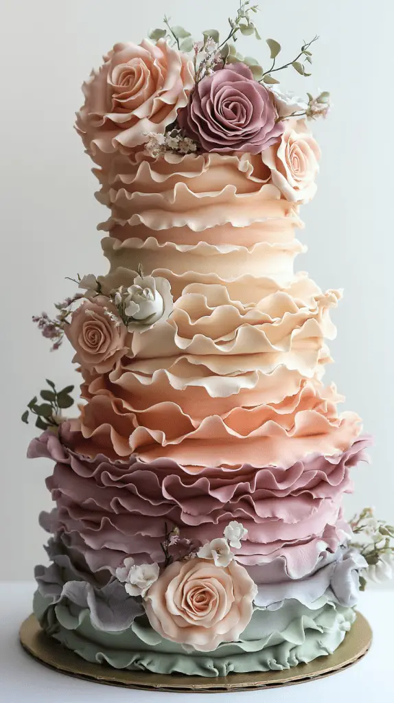 A soft pastel boho chic wedding cake with delicate ruffled layers of fondant, creating a flowing, fabric-like texture that adds movement and romance to the design.