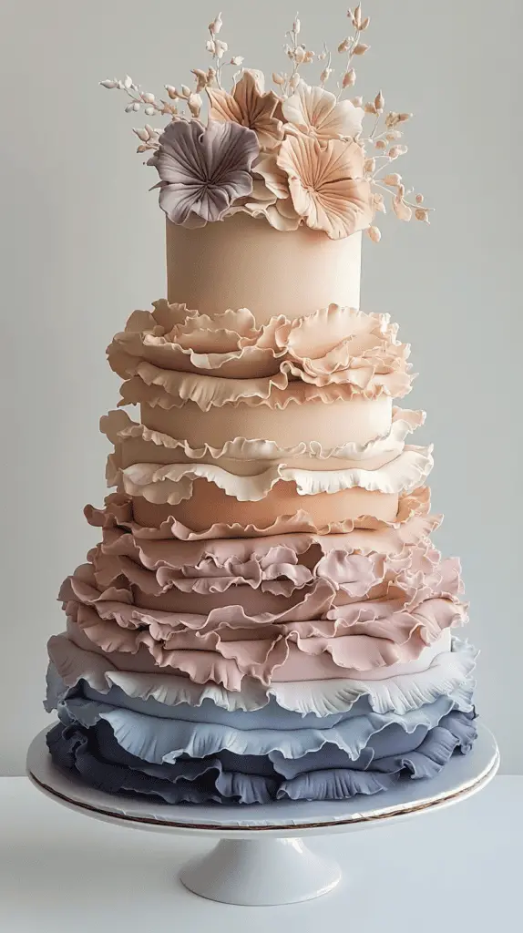 A soft pastel boho chic wedding cake with delicate ruffled layers of fondant, creating a flowing, fabric-like texture that adds movement and romance to the design.