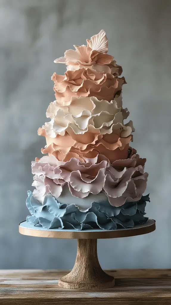 A soft pastel boho chic wedding cake with delicate ruffled layers of fondant, creating a flowing, fabric-like texture that adds movement and romance to the design.