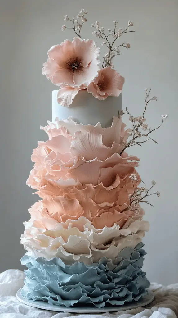 A soft pastel boho chic wedding cake with delicate ruffled layers of fondant, creating a flowing, fabric-like texture that adds movement and romance to the design.
