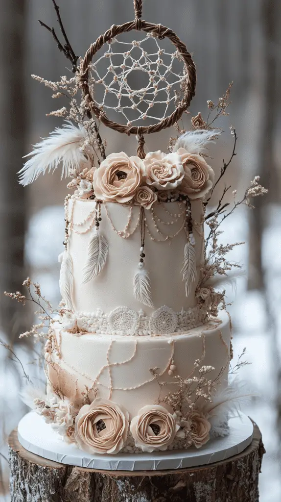 A whimsical boho chic cake adorned with dreamcatcher-inspired fondant decorations,featuring detailed edible feathers and beadwork,reflecting bohemian luxury and storytelling through its design.