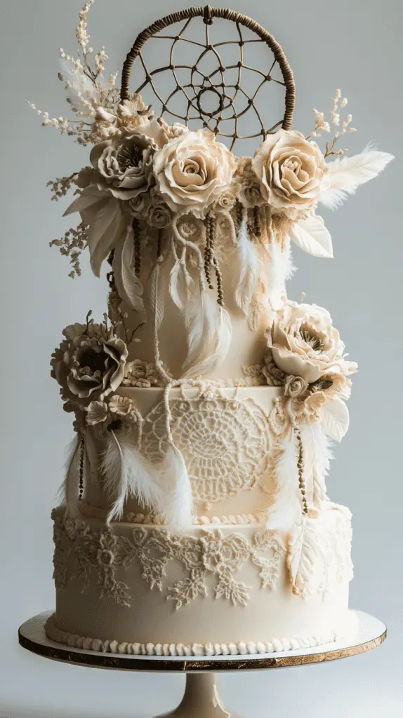 A whimsical boho chic cake adorned with dreamcatcher-inspired fondant decorations, featuring detailed edible feathers and beadwork, reflecting bohemian luxury and storytelling through its design.